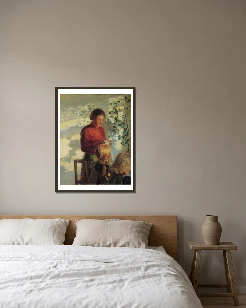 Två små flickor som lär sig sy av Anna Ancher inramad på en vägg