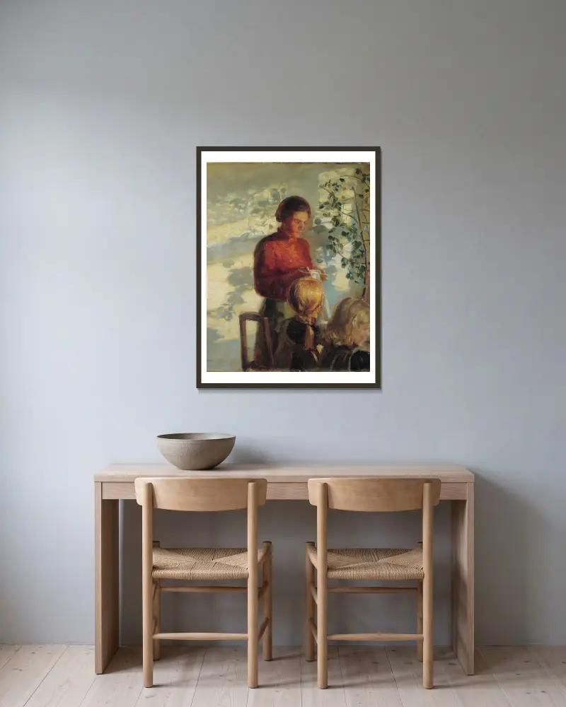 Två små flickor som lär sig sy av Anna Ancher inramad på en vägg