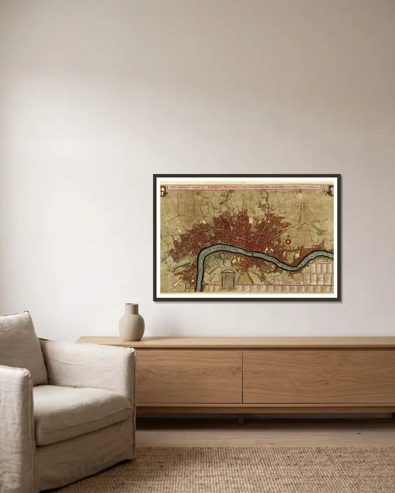 Übersichtskarte von London, Westminster und Southwark von Anna Beek gerahmt an einer Wand
