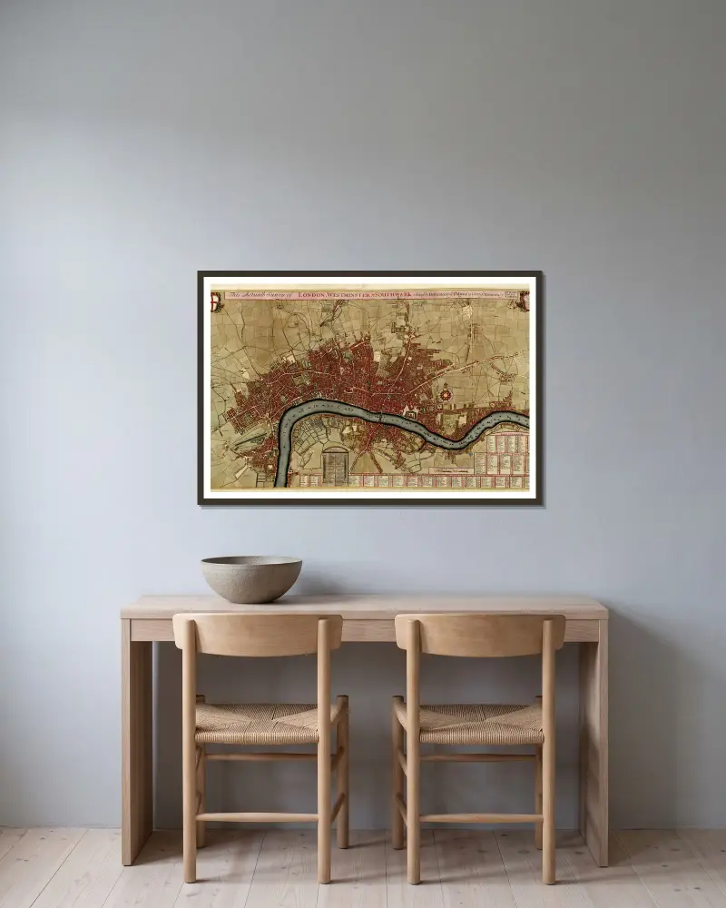 Übersichtskarte von London, Westminster und Southwark von Anna Beek gerahmt an einer Wand