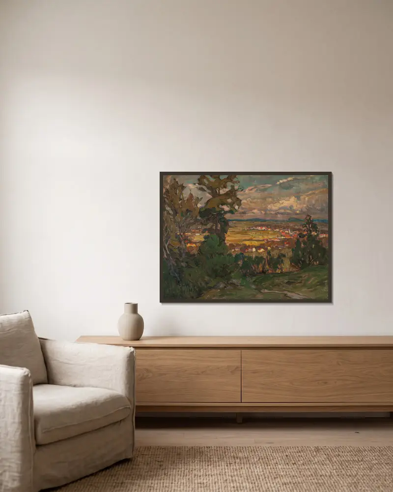 Landschaft mit Dorf. Studie aus Nordnorwegen von Anna Boberg gerahmt an einer Wand