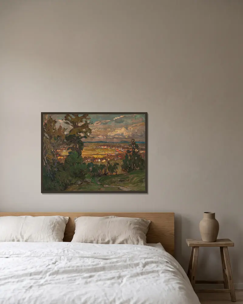 Landschaft mit Dorf. Studie aus Nordnorwegen von Anna Boberg gerahmt an einer Wand