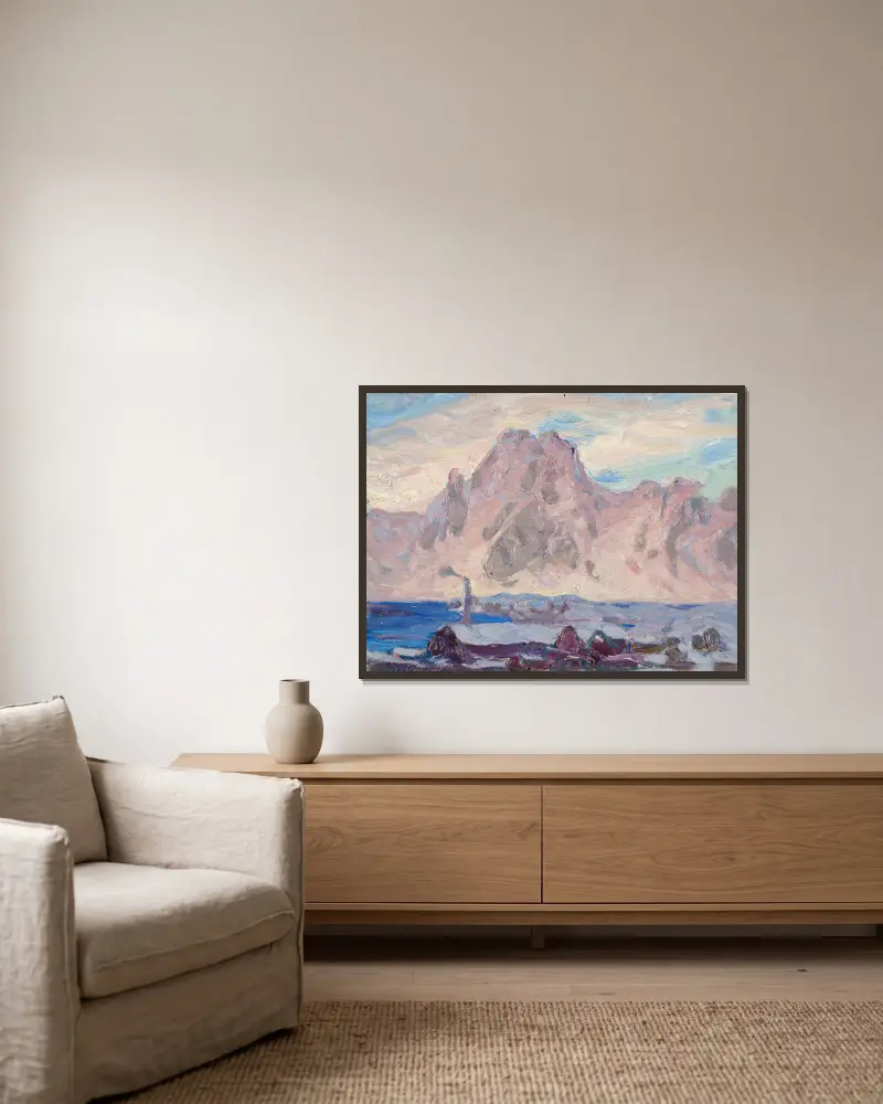Lofoten in Violett. Studie von Anna Boberg gerahmt an einer Wand