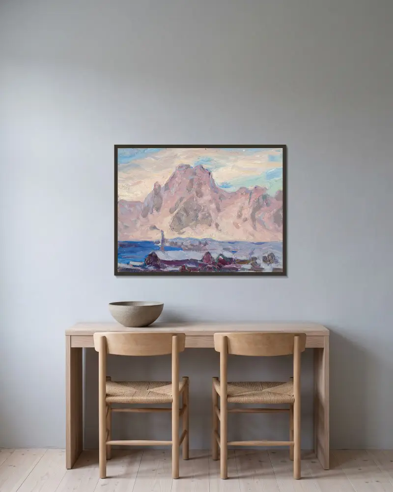 Lofoten in Violett. Studie von Anna Boberg gerahmt an einer Wand
