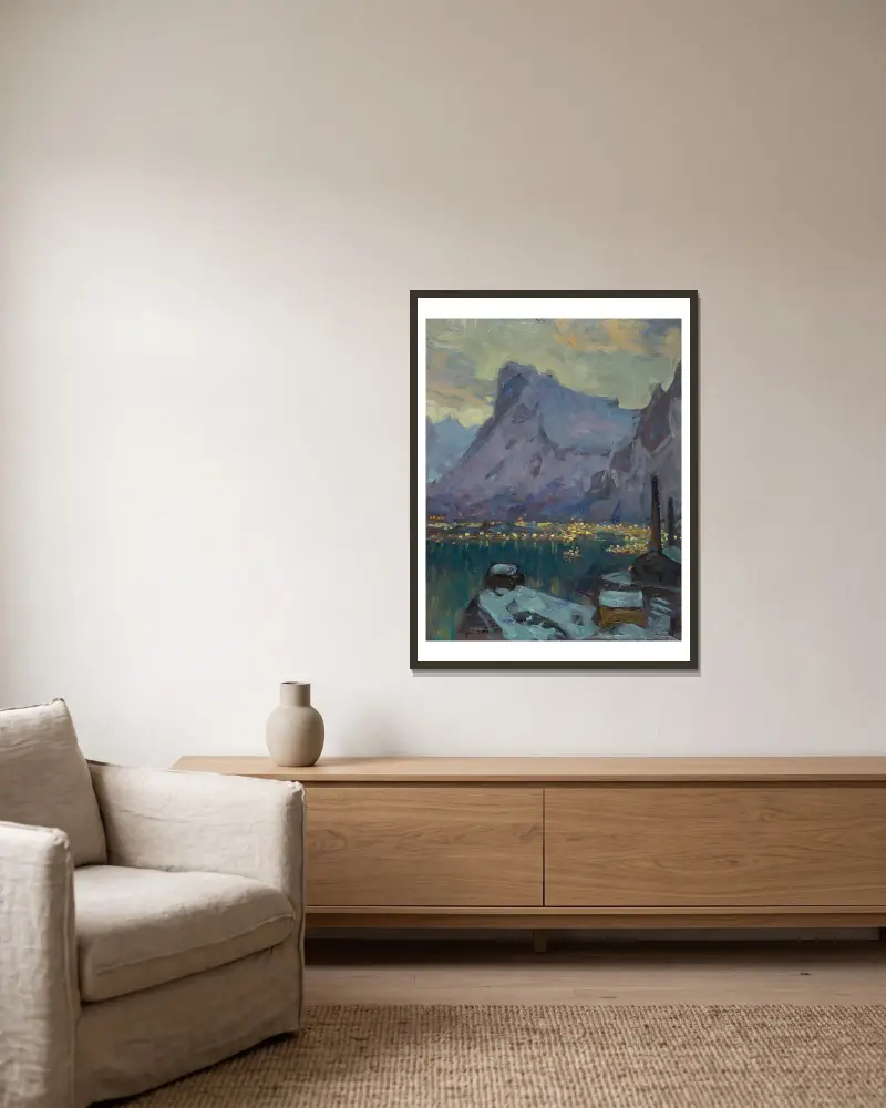 Svolvær hamn under fiskesäsongens höjdpunkt. Studie från Lofoten, 1934 – nr 1 av Anna Boberg inramad på en vägg