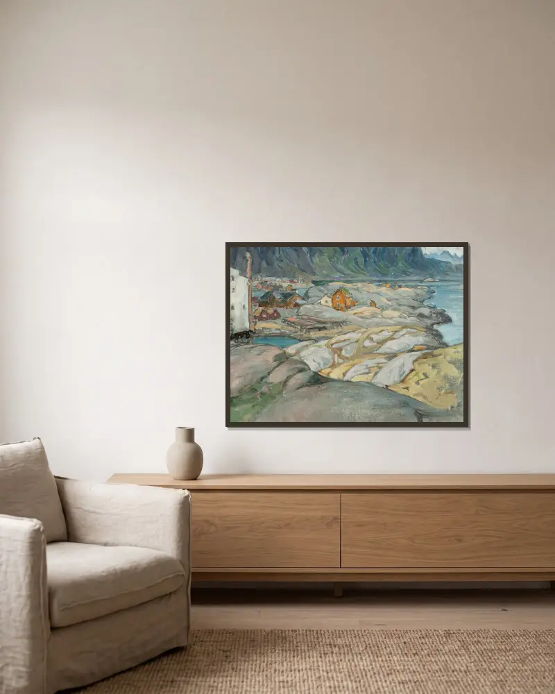 Das Dorf am Fuße des Berges. Studie aus Lofoten von Anna Boberg gerahmt an einer Wand