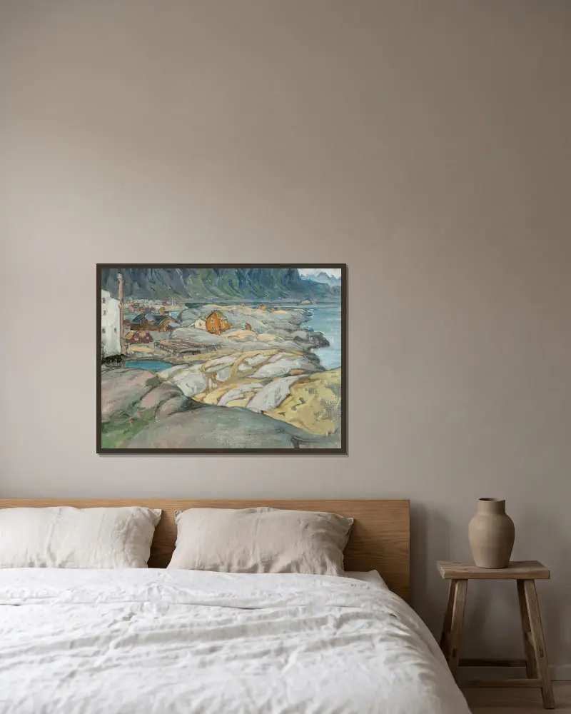 Das Dorf am Fuße des Berges. Studie aus Lofoten von Anna Boberg gerahmt an einer Wand
