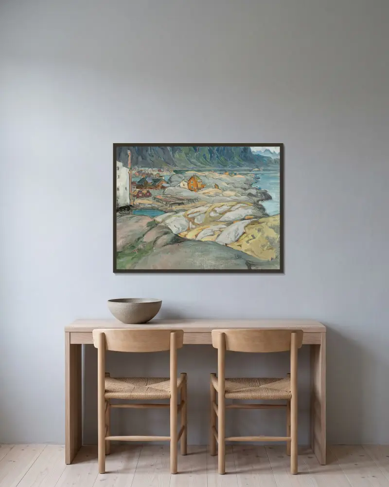 Das Dorf am Fuße des Berges. Studie aus Lofoten von Anna Boberg gerahmt an einer Wand