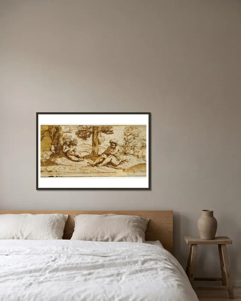 Amor spelande flöjt och Silen i ett arkadiskt landskap av Annibale Carracci inramad på en vägg