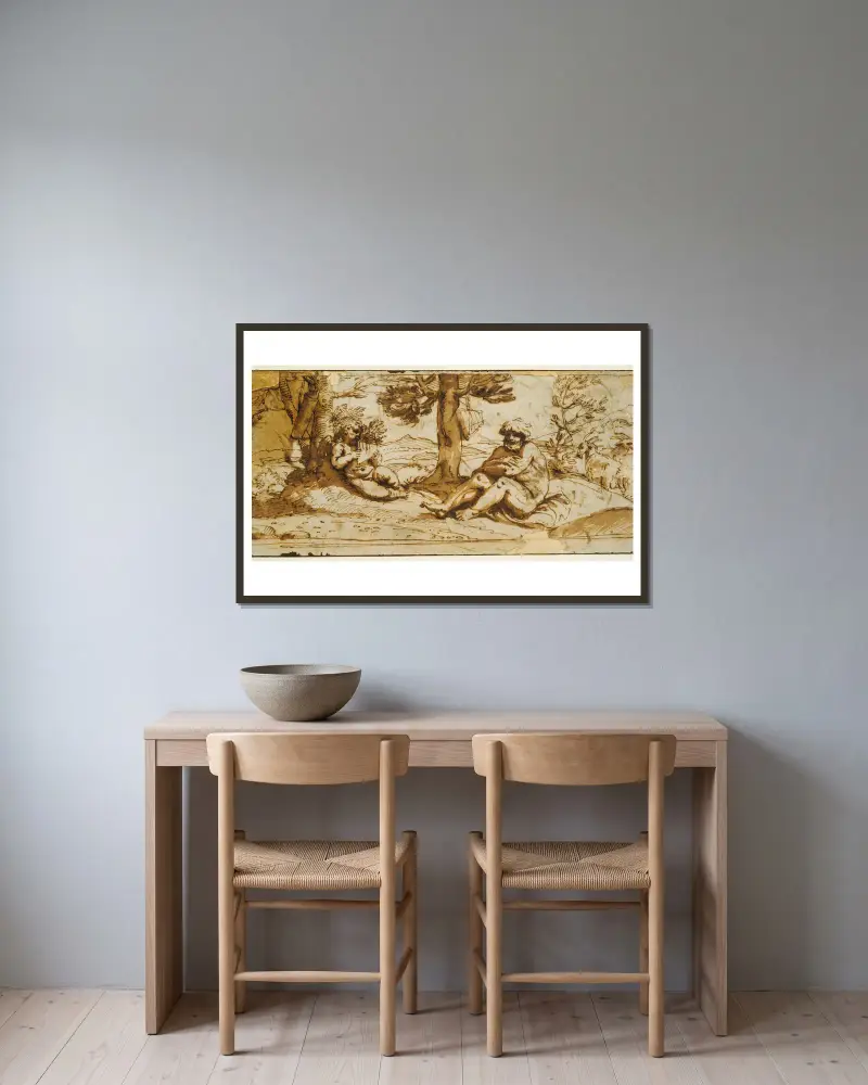 Amor spelande flöjt och Silen i ett arkadiskt landskap av Annibale Carracci inramad på en vägg