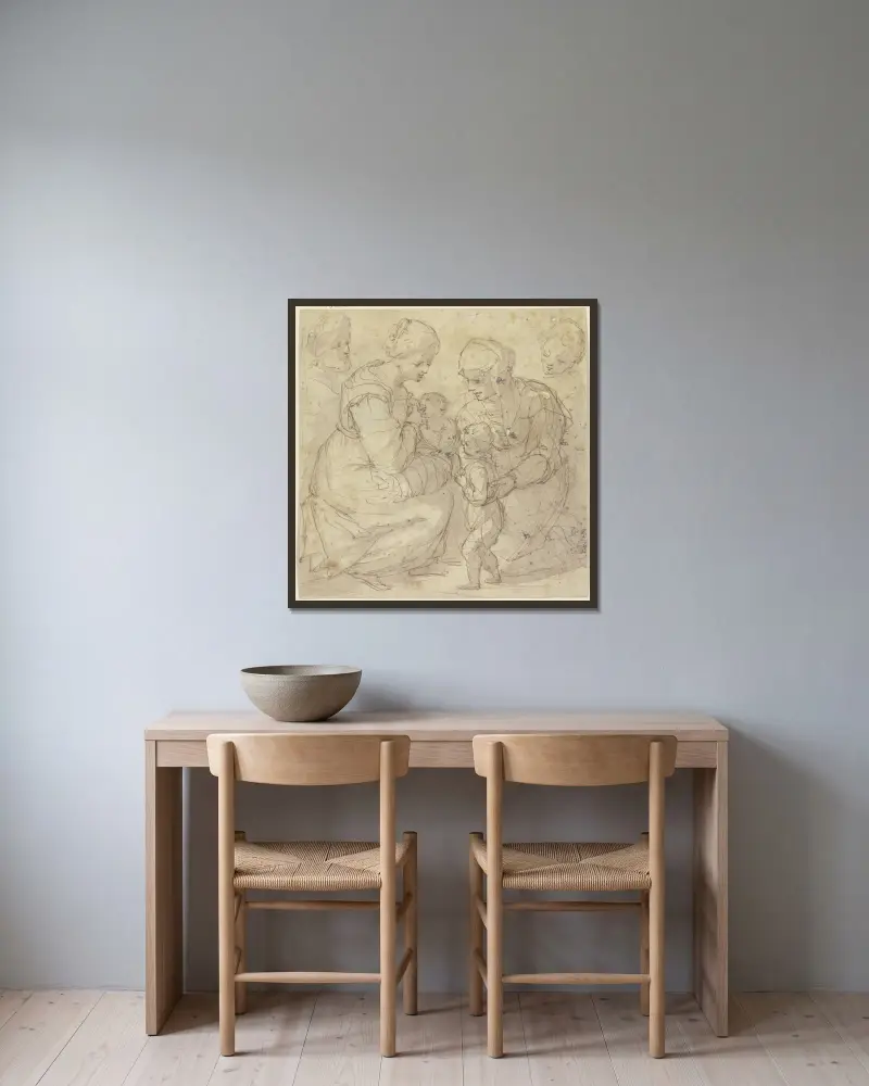 Die Heilige Familie mit der Heiligen Elisabeth und dem Johannesknaben von Annibale Carracci gerahmt an einer Wand
