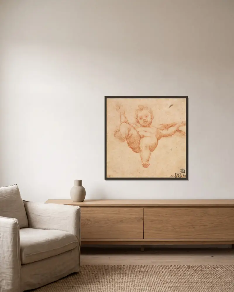 Flying Cupid av Annibale Carracci inramad på en vägg