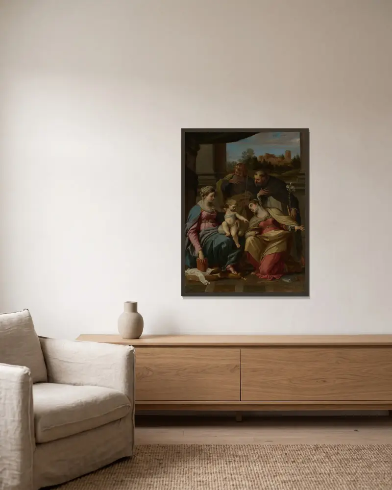 Madonnan med barnet och helgonen Lucia, Dominicus och Ludvig av Frankrike av Annibale Carracci inramad på en vägg