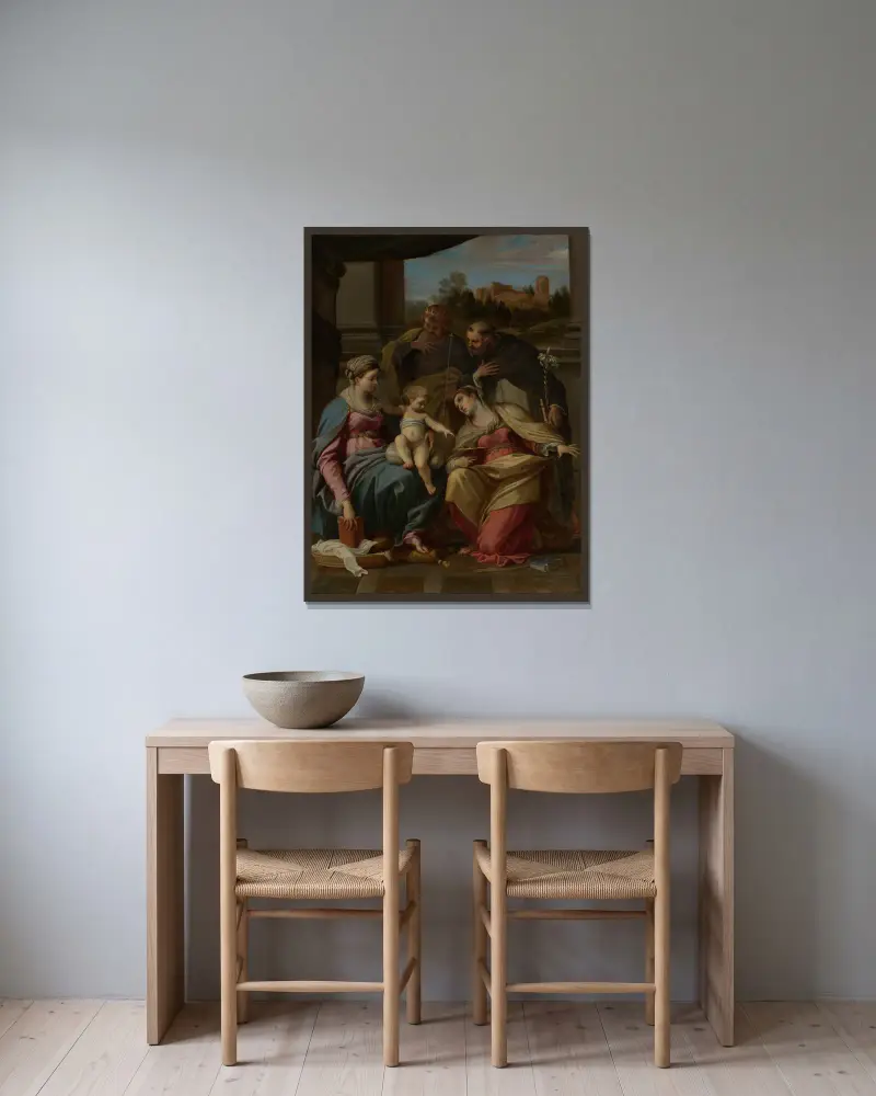 Madonnan med barnet och helgonen Lucia, Dominicus och Ludvig av Frankrike av Annibale Carracci inramad på en vägg