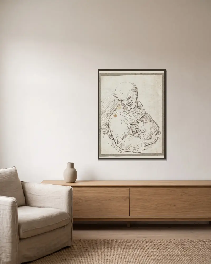 Der heilige Franziskus von Assisi mit Kreuz und Totenschädel von Annibale Carracci gerahmt an einer Wand