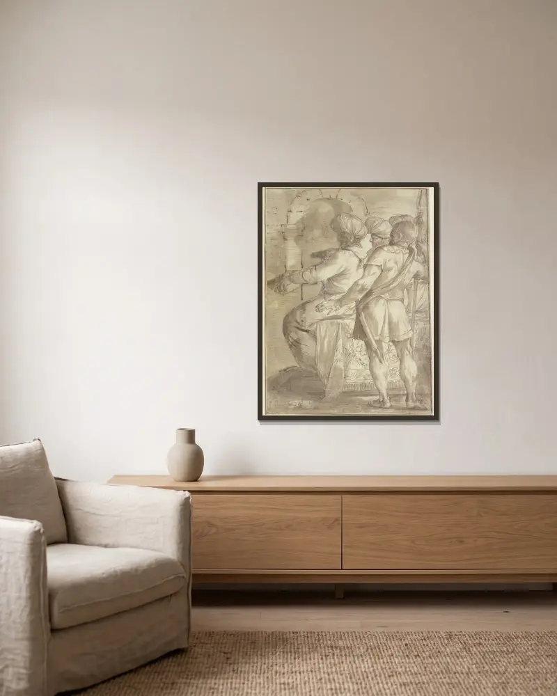 Två turkar på en tron, vända åt vänster, bakom dem en väktare med stödd spjut, alla figurer i trekvartsrygg av Annibale Carracci inramad på en vägg