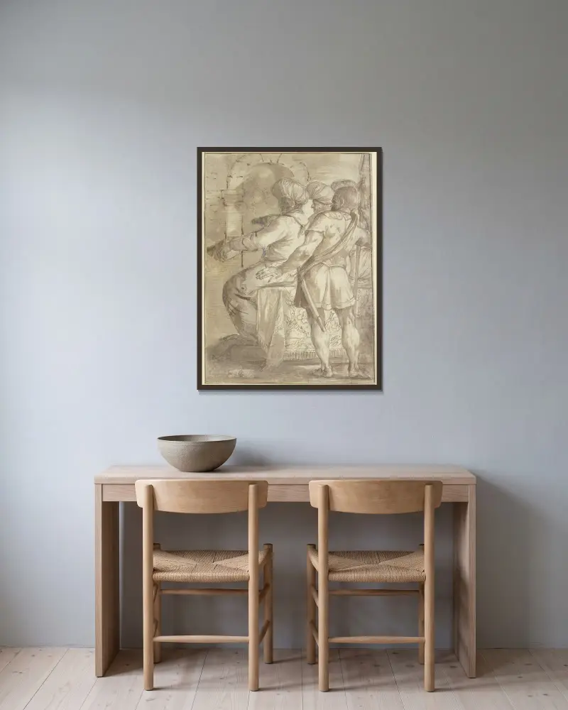 Två turkar på en tron, vända åt vänster, bakom dem en väktare med stödd spjut, alla figurer i trekvartsrygg av Annibale Carracci inramad på en vägg