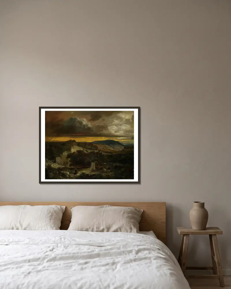 Aftonlandskap med hemvändande eremit av Anselm Feuerbach inramad på en vägg