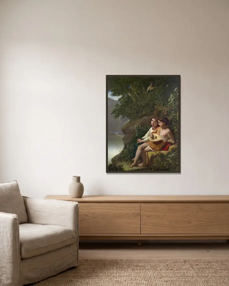 Barn som musicerar medan en nymf lyssnar av Anselm Feuerbach inramad på en vägg