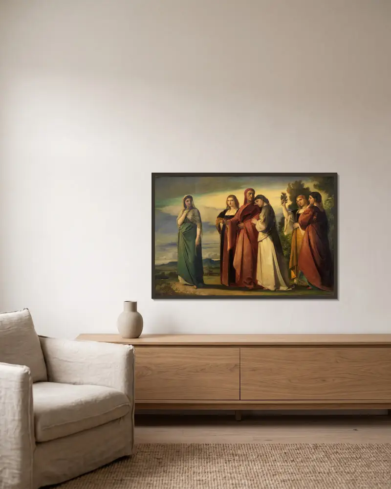 Dante och de ädla kvinnorna i Ravenna av Anselm Feuerbach inramad på en vägg