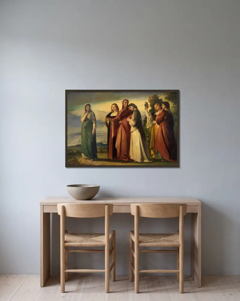 Dante och de ädla kvinnorna i Ravenna av Anselm Feuerbach inramad på en vägg