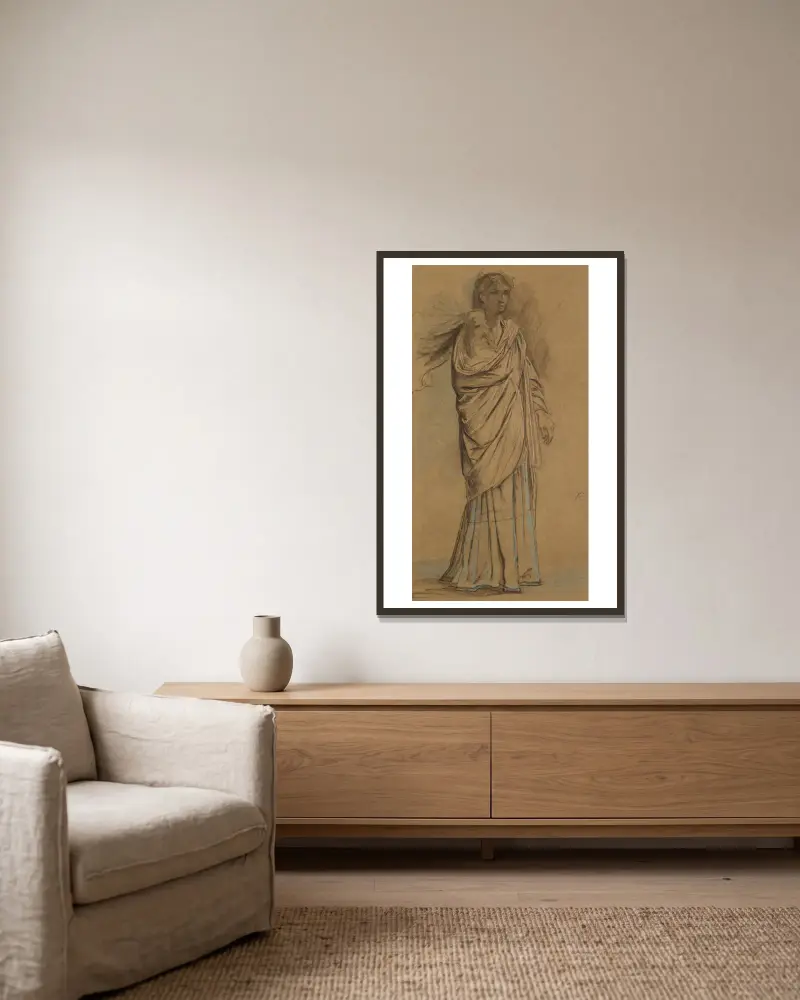 Medea mit ihrem schlafenden jüngeren Sohn im Arm von Anselm Feuerbach gerahmt an einer Wand
