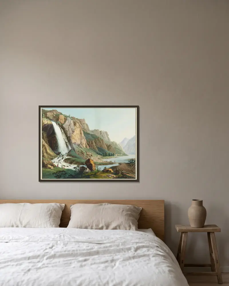 Ansicht des Pissevache-Wasserfalls – Nr. 2 von Jean-Antoine Linck gerahmt an einer Wand