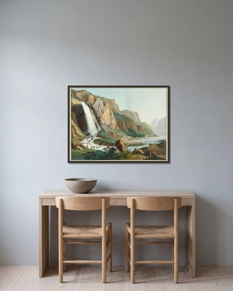 Ansicht des Pissevache-Wasserfalls – Nr. 2 von Jean-Antoine Linck gerahmt an einer Wand