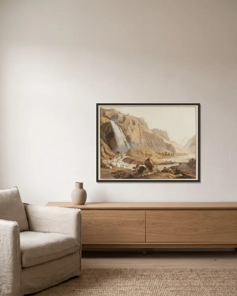 Vue de la Cascade de Pissevache – nr 1 av Jean-Antoine Linck inramad på en vägg