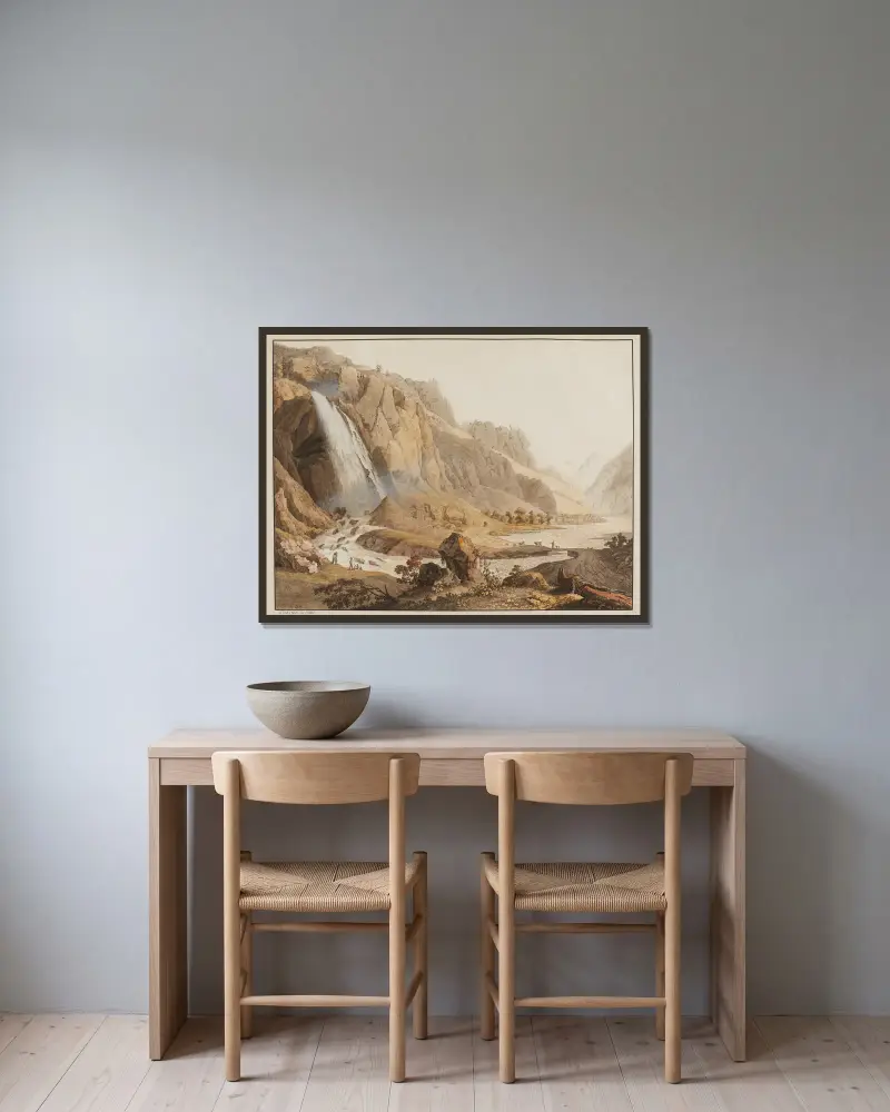 Vue de la Cascade de Pissevache – nr 1 av Jean-Antoine Linck inramad på en vägg