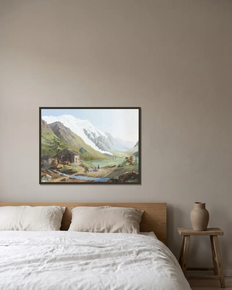 Vy över Bossons glaciär och en del av Mont Blanc av Jean-Antoine Linck inramad på en vägg