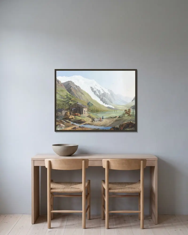 Vy över Bossons glaciär och en del av Mont Blanc av Jean-Antoine Linck inramad på en vägg