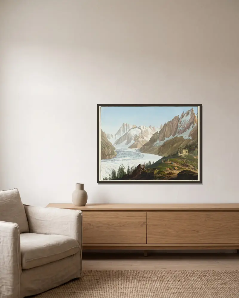 Blick auf das Mer de Glace, die Aiguilles des Charmoz, du Géant, die Grande Jorasse und die Hospize auf dem Gipfel des Montanvert von Jean-Antoine Linck gerahmt an einer Wand