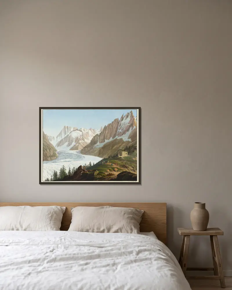 Blick auf das Mer de Glace, die Aiguilles des Charmoz, du Géant, die Grande Jorasse und die Hospize auf dem Gipfel des Montanvert von Jean-Antoine Linck gerahmt an einer Wand