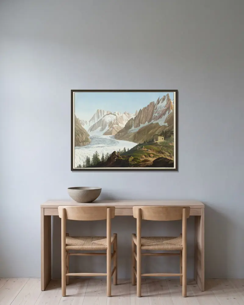 Blick auf das Mer de Glace, die Aiguilles des Charmoz, du Géant, die Grande Jorasse und die Hospize auf dem Gipfel des Montanvert von Jean-Antoine Linck gerahmt an einer Wand
