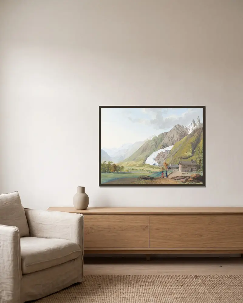 Ansicht der Quelle des Arveron bei Chamouny, nach der Natur gemalt von Jean-Antoine Linck gerahmt an einer Wand