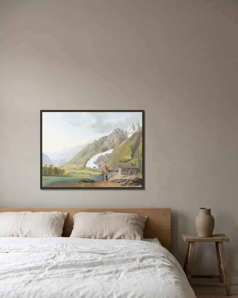 Ansicht der Quelle des Arveron bei Chamouny, nach der Natur gemalt von Jean-Antoine Linck gerahmt an einer Wand