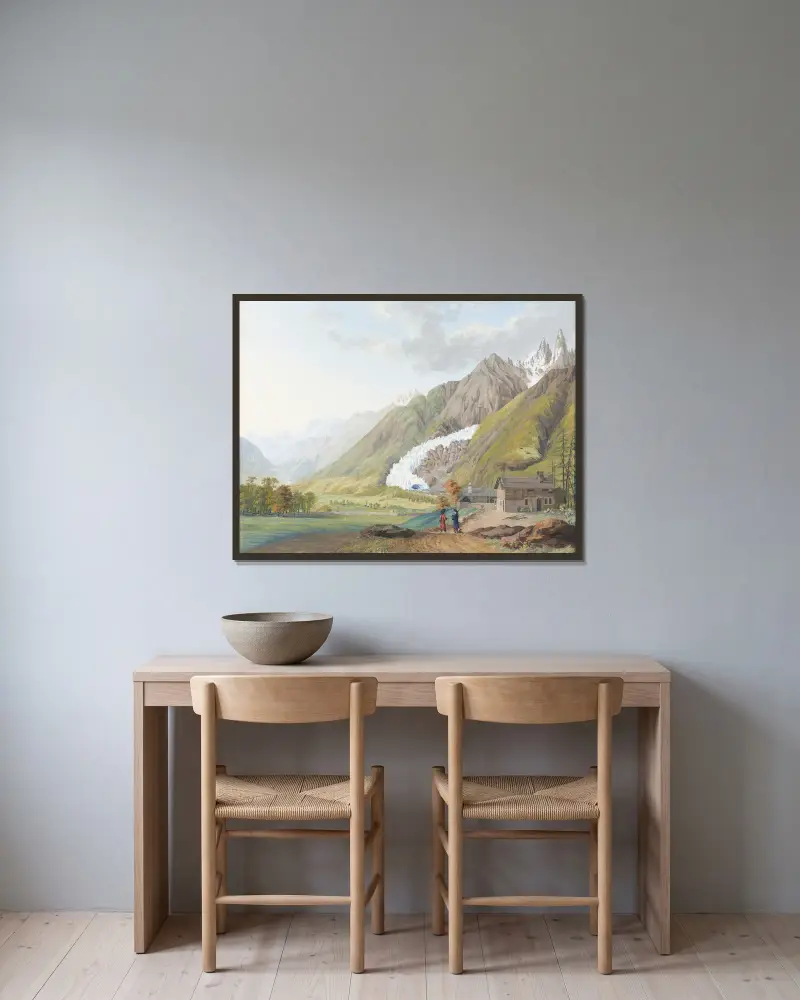 Ansicht der Quelle des Arveron bei Chamouny, nach der Natur gemalt von Jean-Antoine Linck gerahmt an einer Wand