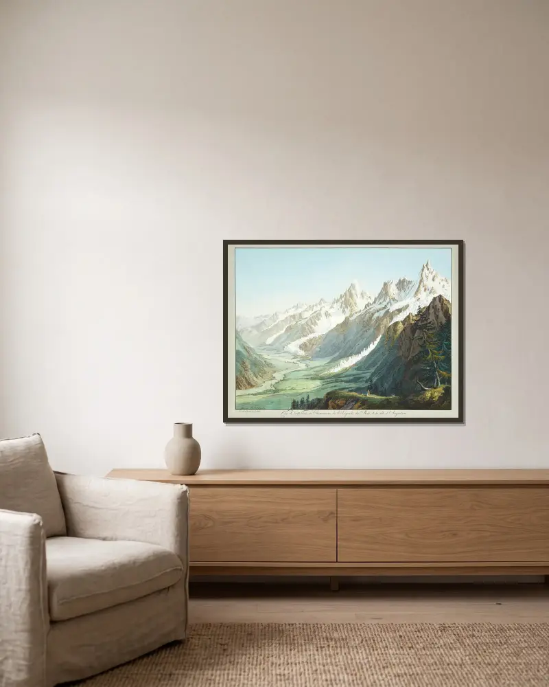 Blick über das Tal von Chamonix, vom Aiguille du Midi und vom Aiguille d'Argentière von Jean-Antoine Linck gerahmt an einer Wand