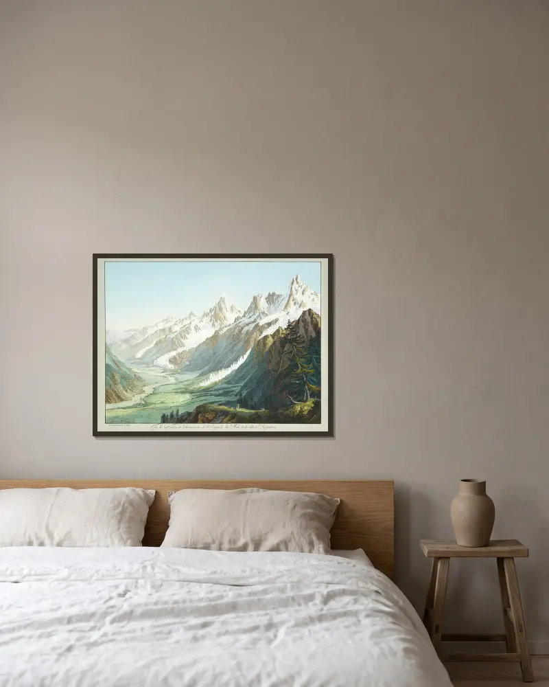 Blick über das Tal von Chamonix, vom Aiguille du Midi und vom Aiguille d'Argentière von Jean-Antoine Linck gerahmt an einer Wand