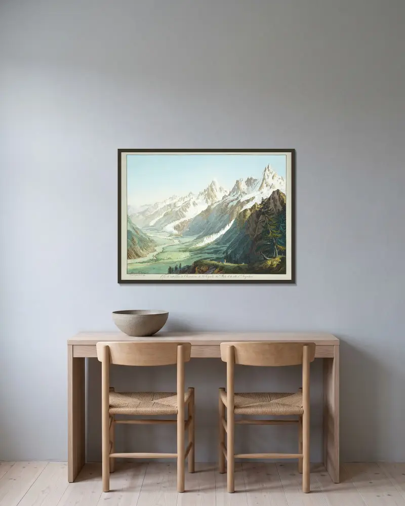 Blick über das Tal von Chamonix, vom Aiguille du Midi und vom Aiguille d'Argentière von Jean-Antoine Linck gerahmt an einer Wand