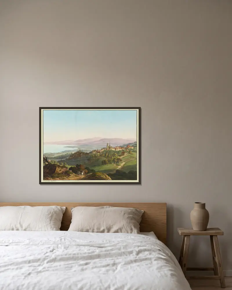 Vue de Lausanne av Jean-Antoine Linck inramad på en vägg
