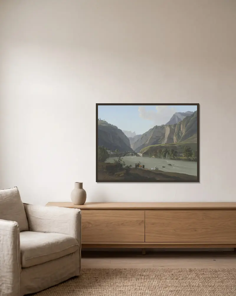 Blick auf den Eingang des Clusetals, den Mont Vergi und die Aiguille de Varens von Jean-Antoine Linck gerahmt an einer Wand