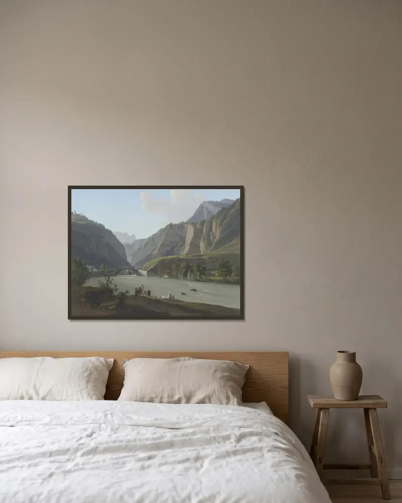 Blick auf den Eingang des Clusetals, den Mont Vergi und die Aiguille de Varens von Jean-Antoine Linck gerahmt an einer Wand
