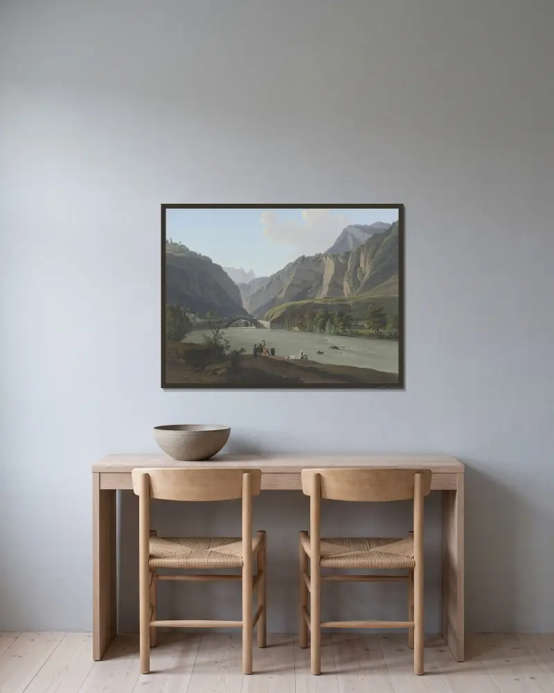 Blick auf den Eingang des Clusetals, den Mont Vergi und die Aiguille de Varens von Jean-Antoine Linck gerahmt an einer Wand