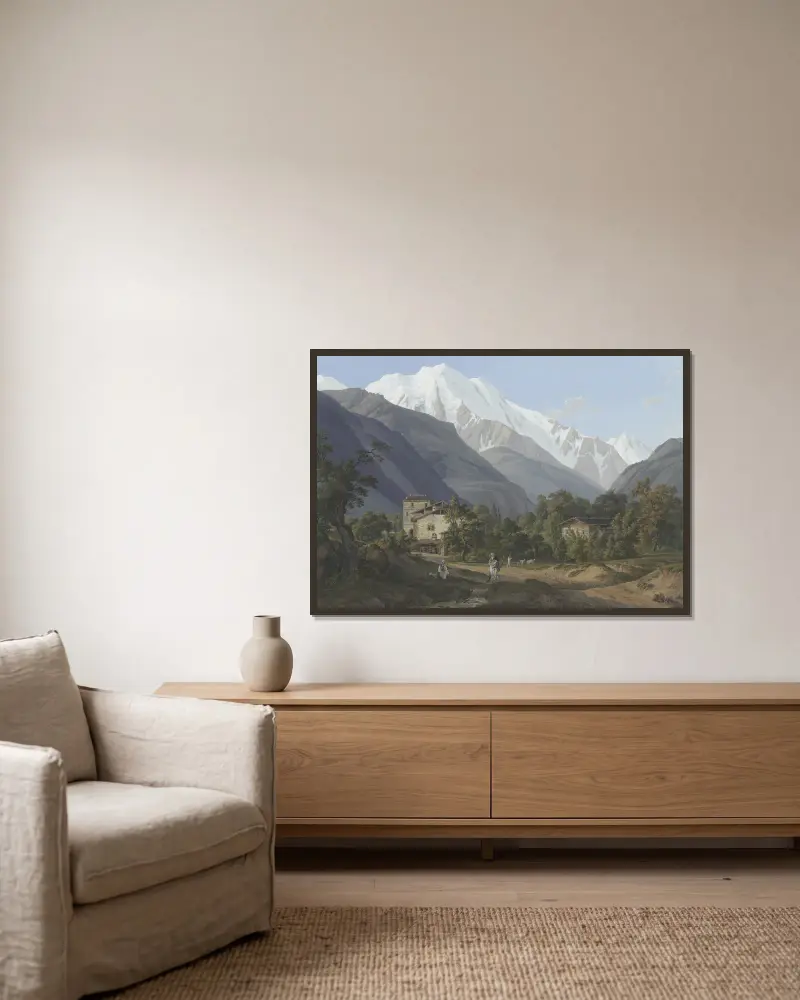 Blick auf St. Gervais, die Aiguille Blanche und den Bonhomme von Jean-Antoine Linck gerahmt an einer Wand