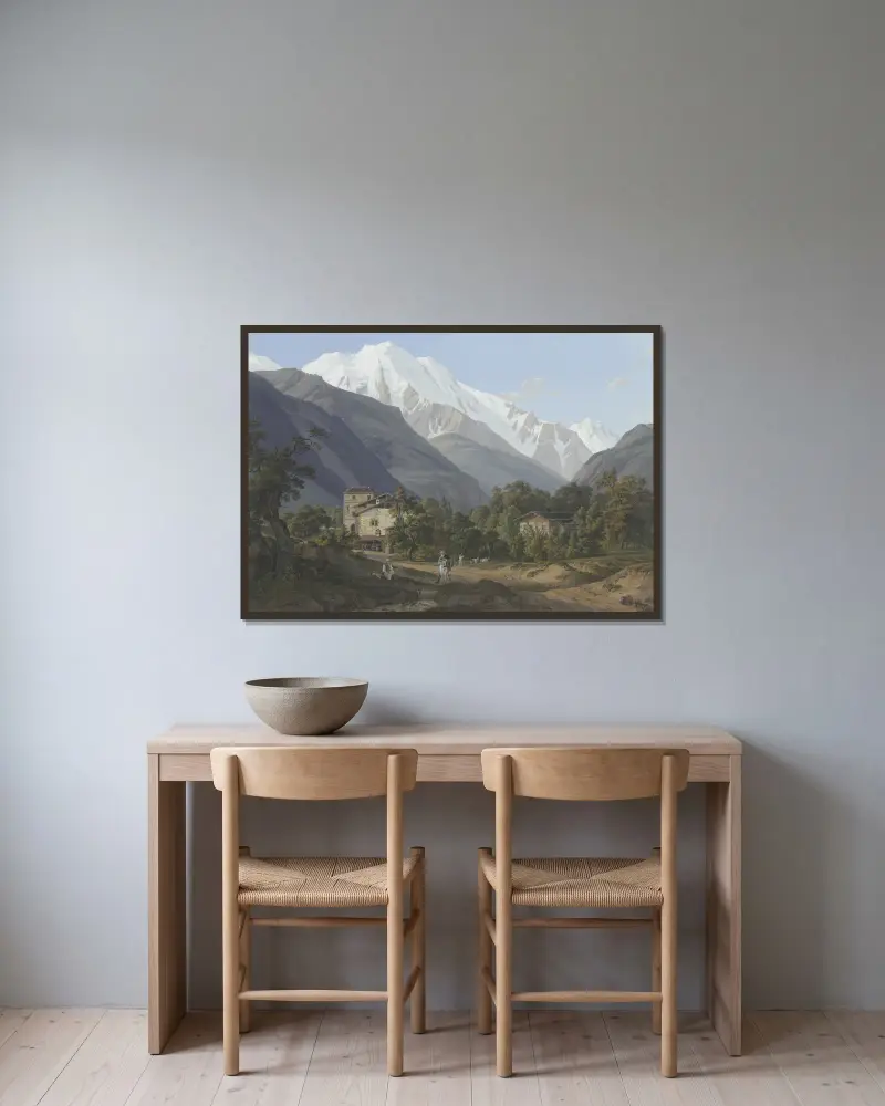 Blick auf St. Gervais, die Aiguille Blanche und den Bonhomme von Jean-Antoine Linck gerahmt an einer Wand