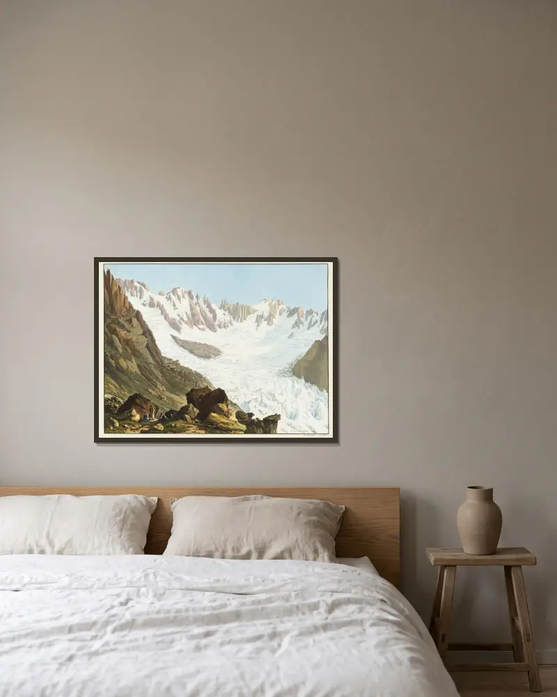 Utsikt över trädgården, Les Droites och Les Courtes, Aiguilles de l’Échau, Les Rouges och Talèfres glaciär, tagen från toppen av Rocher du Couvercle av Jean-Antoine Linck inramad på en vägg