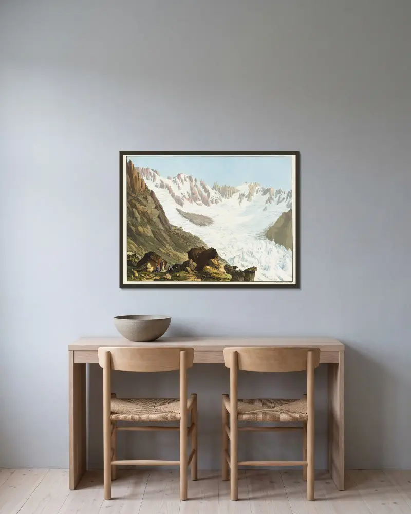 Utsikt över trädgården, Les Droites och Les Courtes, Aiguilles de l’Échau, Les Rouges och Talèfres glaciär, tagen från toppen av Rocher du Couvercle av Jean-Antoine Linck inramad på en vägg