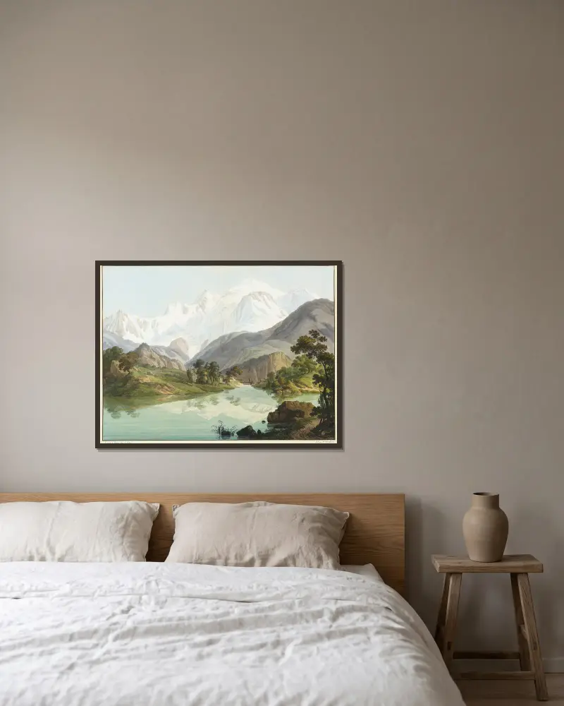 Utsikt över Chede-sjön och Mont-Blanc av Jean-Antoine Linck inramad på en vägg